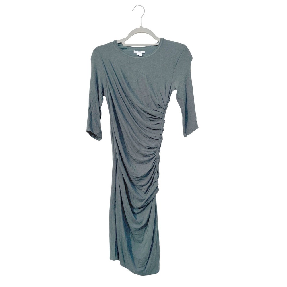 Helmut Lang Slate Green Ruched Wool Blend Midi Dress Size S